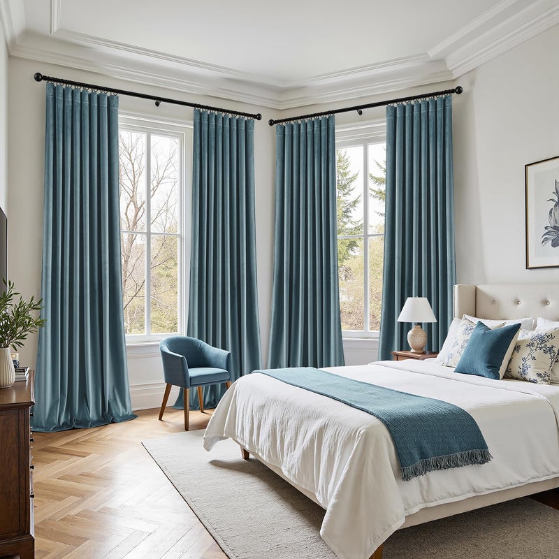 ANRODUO Grayish Blue Velvet Curtains 96 Inches Long Blackout Thermal Insulated Soundproof Curtain Privacy Room Darkening Curtains Pinch Pleat Window Drapes for Bedroom Living Room 42 x 96 Inch Set of 2 - Image 2