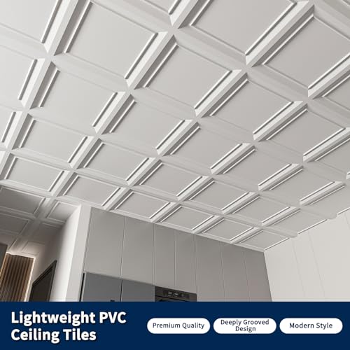 Art3dwallpanels Ceiling Tiles 24 x 24 Drop Ceiling Tiles, 12 Pack Drop in High Grade PVC Wall Panels, Fire Rated, Waterproof, Light Weight, Cover 48 Sq.Ft, White - Image 2