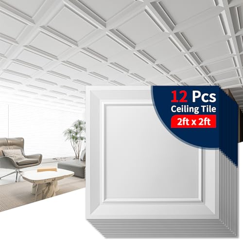 Art3dwallpanels Ceiling Tiles 24 x 24 Drop Ceiling Tiles, 12 Pack Drop in High Grade PVC Wall Panels, Fire Rated, Waterproof, Light Weight, Cover 48 Sq.Ft, White - Image 1