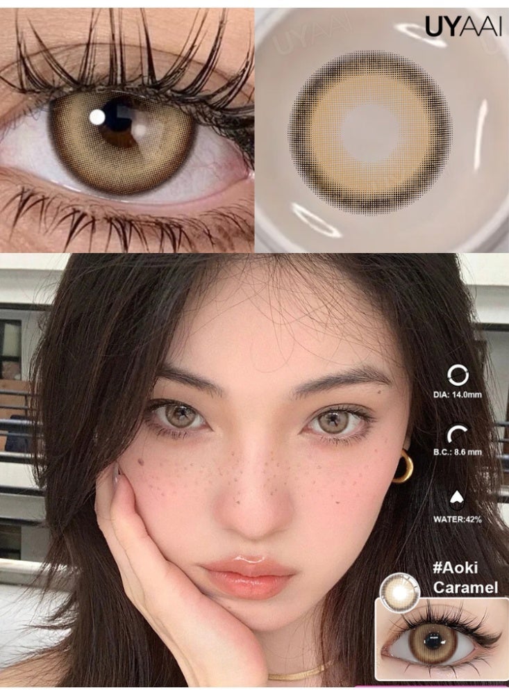 يواي عدسات لاصقة ملونة سنوية باللون البني الكراميل من أوكي - عدسات تجميلية للجنسين - عدسات موضة طبيعية - محتوى الرطوبة 42% - Image 1