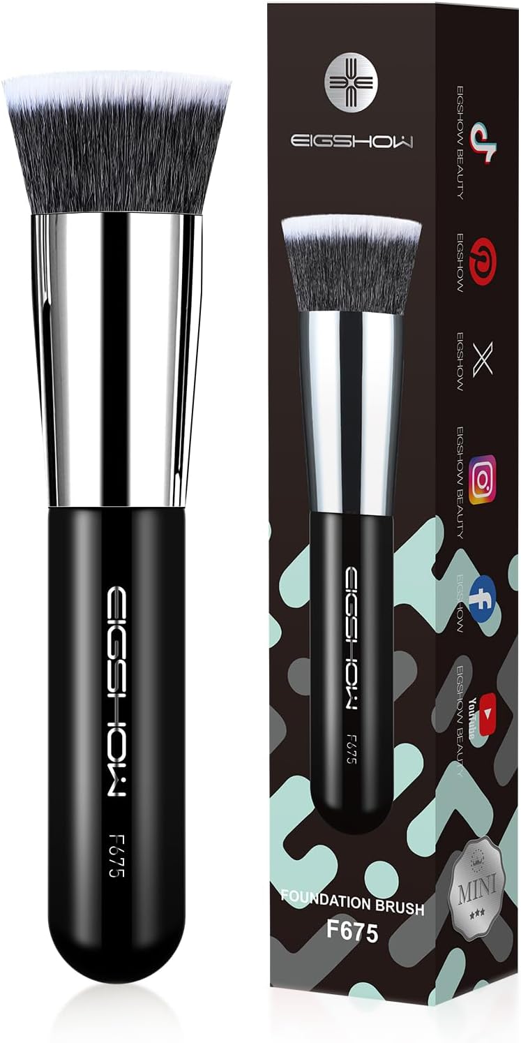 EIGSHOW Flat Top Kabuki Foundation Brush, Dense Synthetic Bristles for Liquid, Cream, Powder, Streak-Free Blending, Compact Travel Size & Precision Control (F675-Black) - Image 1