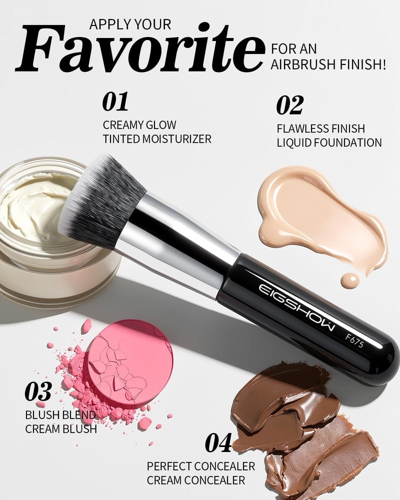 EIGSHOW Flat Top Kabuki Foundation Brush, Dense Synthetic Bristles for Liquid, Cream, Powder, Streak-Free Blending, Compact Travel Size & Precision Control (F675-Black) - Image 5