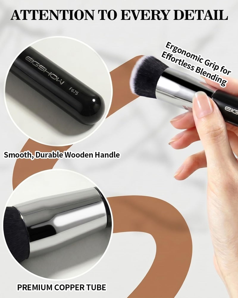 EIGSHOW Flat Top Kabuki Foundation Brush, Dense Synthetic Bristles for Liquid, Cream, Powder, Streak-Free Blending, Compact Travel Size & Precision Control (F675-Black) - Image 3