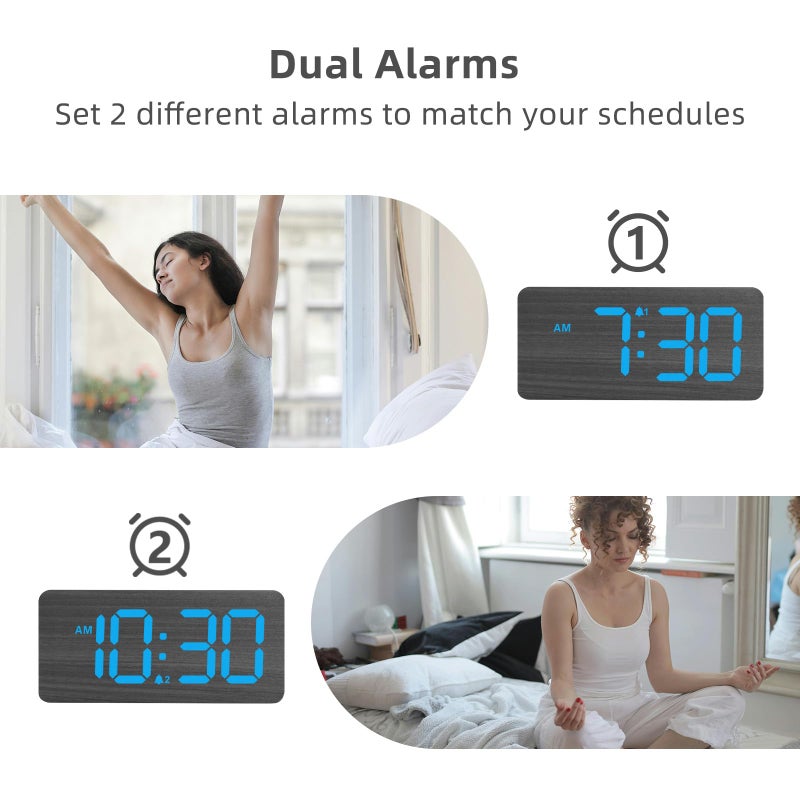 uscce Wooden Digital Alarm Clocks for Bedrooms: Dimmable Dual Alarm Clock with Large Numbers for Bedside Desk - Loud Alarm for Heavy Sleepers with Volume Control - Wood Decor & Gifts - Image 5