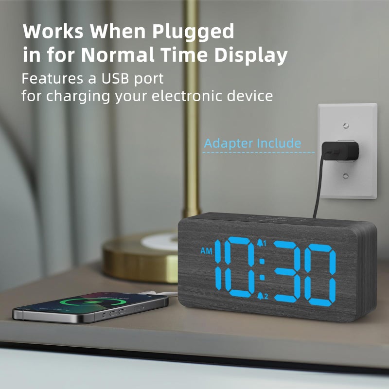 uscce Wooden Digital Alarm Clocks for Bedrooms: Dimmable Dual Alarm Clock with Large Numbers for Bedside Desk - Loud Alarm for Heavy Sleepers with Volume Control - Wood Decor & Gifts - Image 3