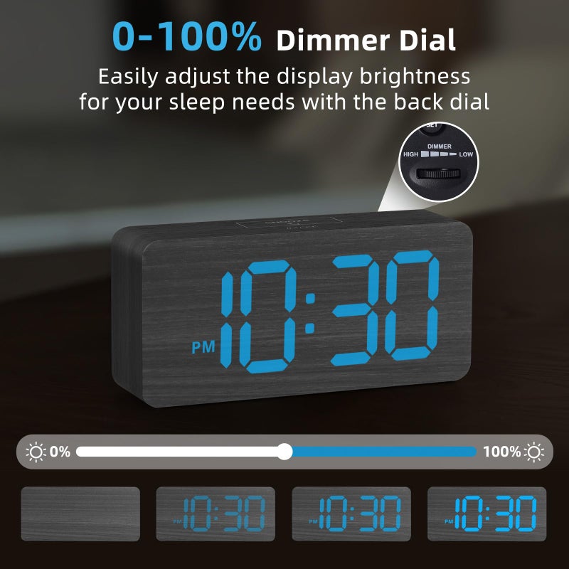 uscce Wooden Digital Alarm Clocks for Bedrooms: Dimmable Dual Alarm Clock with Large Numbers for Bedside Desk - Loud Alarm for Heavy Sleepers with Volume Control - Wood Decor & Gifts - Image 4