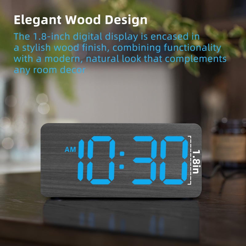 uscce Wooden Digital Alarm Clocks for Bedrooms: Dimmable Dual Alarm Clock with Large Numbers for Bedside Desk - Loud Alarm for Heavy Sleepers with Volume Control - Wood Decor & Gifts - Image 2