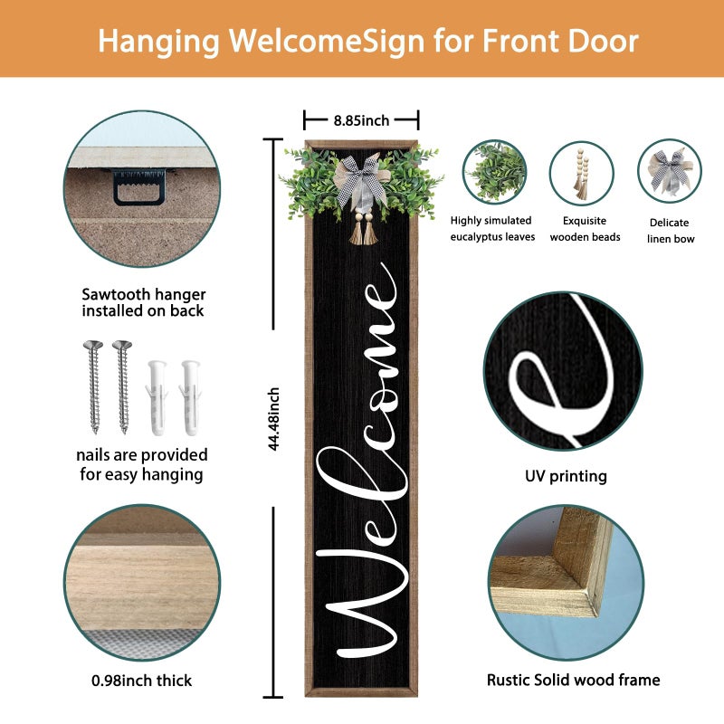 Surfapans Welcome Sign for Front Porch Standing 45"X9" Large Outdoor Decor Rustic Vertical Leaner Wood Frame Porch Tall Welcome Signs for Farmhouse Outside Front Door Decorations (Wood Black) - Image 2