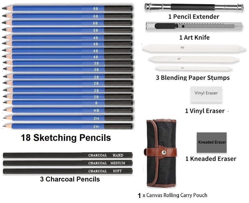 Corslet 28 Pc Drawing Pencils Sketch Pencil Set Art Supplies Set for Kids Adults Beginners Professional Sketching Kit Art Graphite Charcoal Pencil Blending Stump Drawing Kit Shading Pencils Set - Image 2