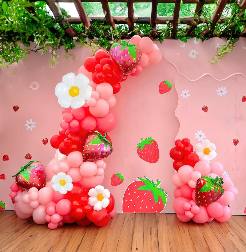 Yeewaka Strawberry balloon garland arch kit 130pcs Red Pink with Strawberry and Daisy mylar balloon for girl baby shower berryfirst 1st birthday Two sweet groovy theme Birthday decorations - Image 1