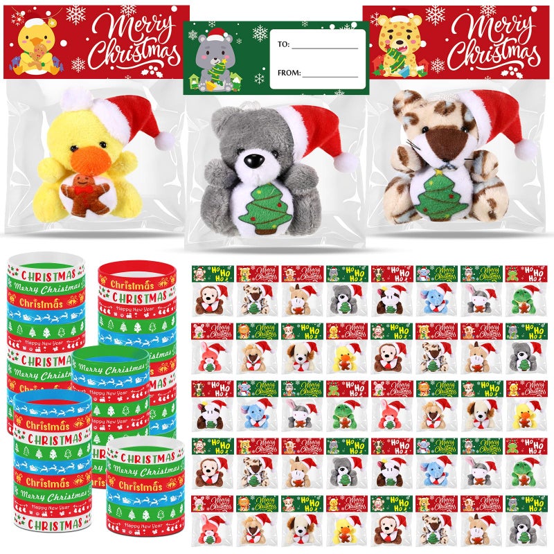Sotiff 96 Pcs Christmas Mini Stuffed Animals Gifts Bulk 48 Christmas Plush Set with 48 Xmas Silicone Bracelets Small Plush Keychains Classroom Exchange Gift Toys for Friend Preschool Stocking Fillers - Image 3