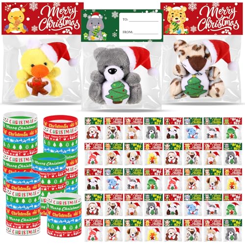 Sotiff 96 Pcs Christmas Mini Stuffed Animals Gifts Bulk 48 Christmas Plush Set with 48 Xmas Silicone Bracelets Small Plush Keychains Classroom Exchange Gift Toys for Friend Preschool Stocking Fillers - Image 1
