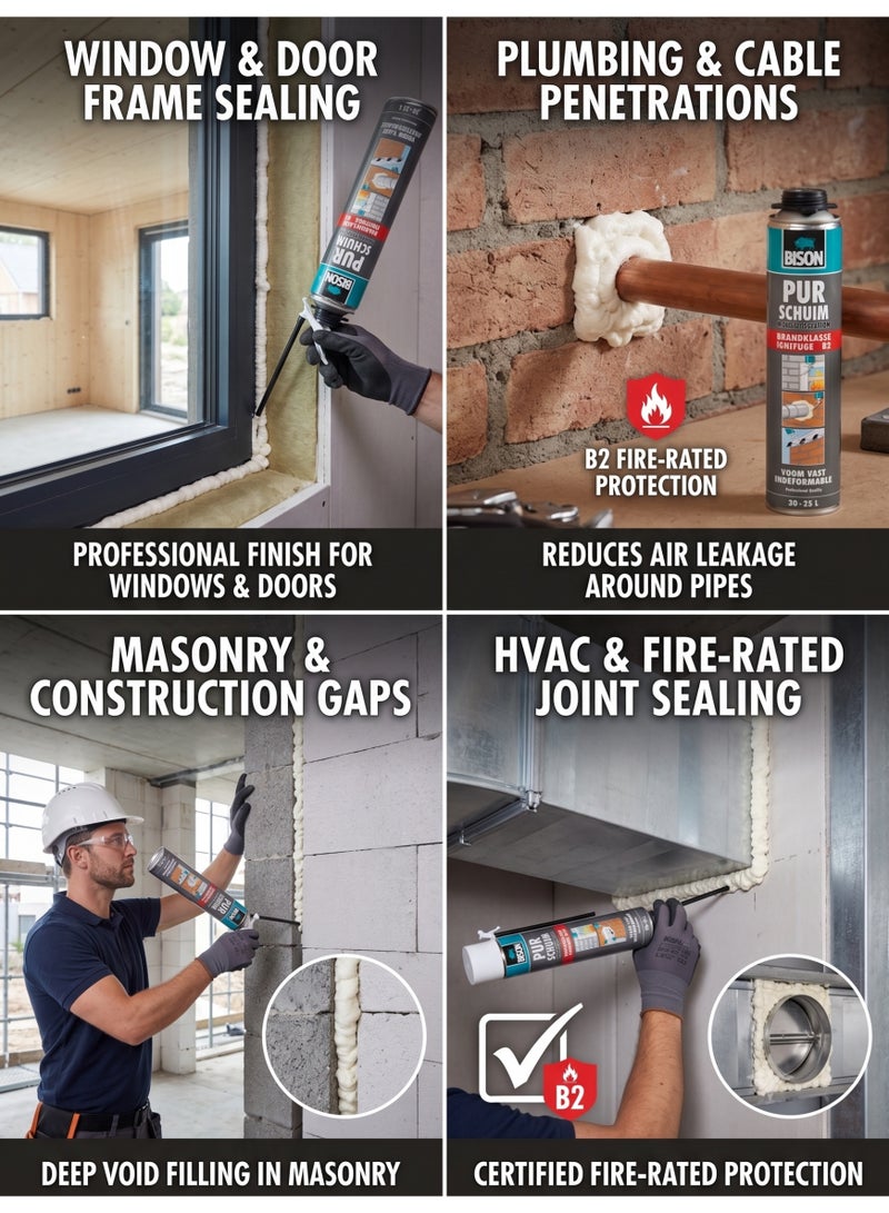Bison Fire Rated B2 Polyurethane Construction Foam – 750ml Heavy Duty Flame Retardant Expanding Foam Sealant, High Insulation Waterproof Spray for Firewall Openings, Doors, Windows, and Pipe Gaps, BIS-6306402 - Image 2
