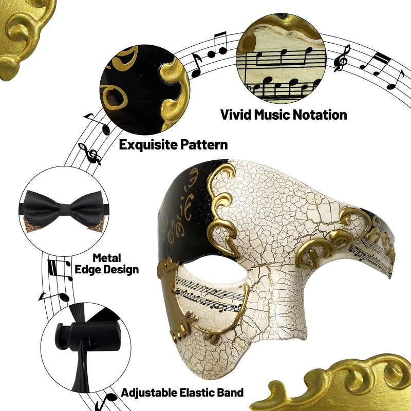 IncreDecor Masquerade Mask for Men Phantom of The Opera Mask Half Face with Bowtie, Venetian Masks for Halloween Party (Black) - Image 3