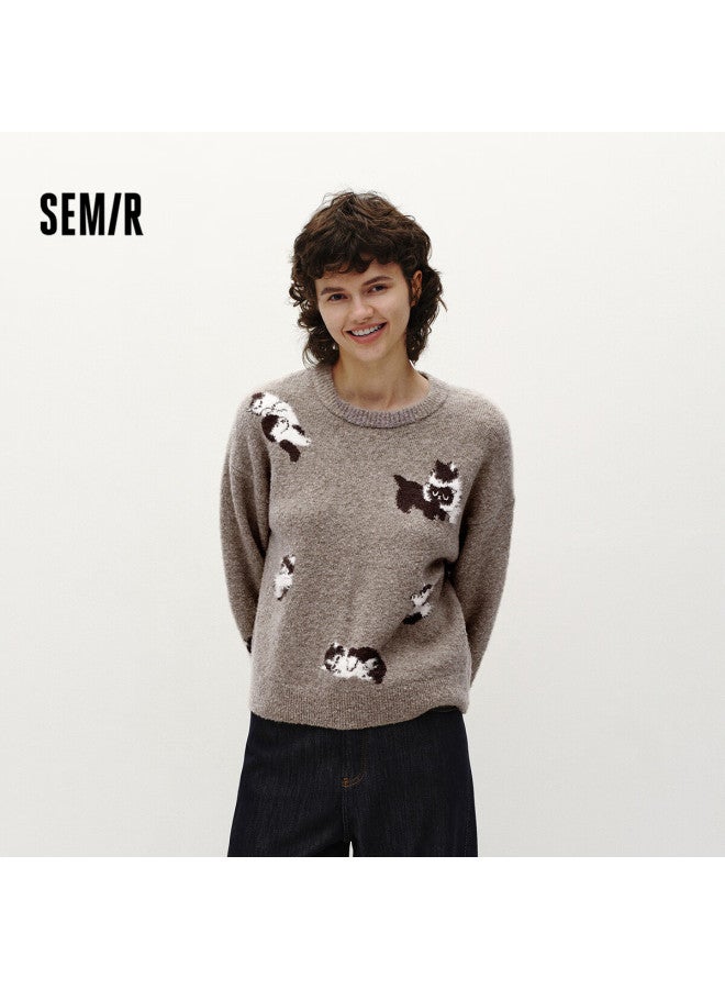 Semir Mall Style | Women's Winter Sweater Cat Jacquard Drop Shoulder Pee Pullover 101725107013 - Image 1