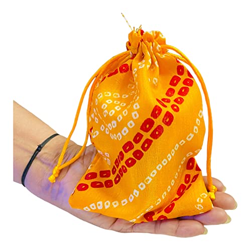 Moira 12pcs 5X7 inch Small Size Bandhej Silk Potli for Gifting, Jewellery Storage, Shagun, Coin Packing (Yellow) - Image 5
