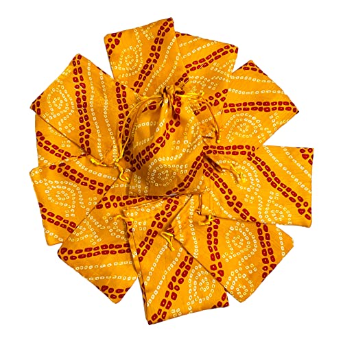 Moira 12pcs 5X7 inch Small Size Bandhej Silk Potli for Gifting, Jewellery Storage, Shagun, Coin Packing (Yellow) - Image 1