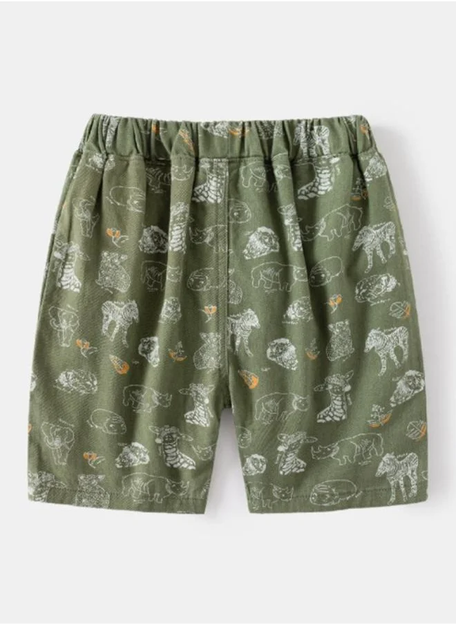 YUNIQEE Olive Regular Fit Mid Rise Printed Shorts