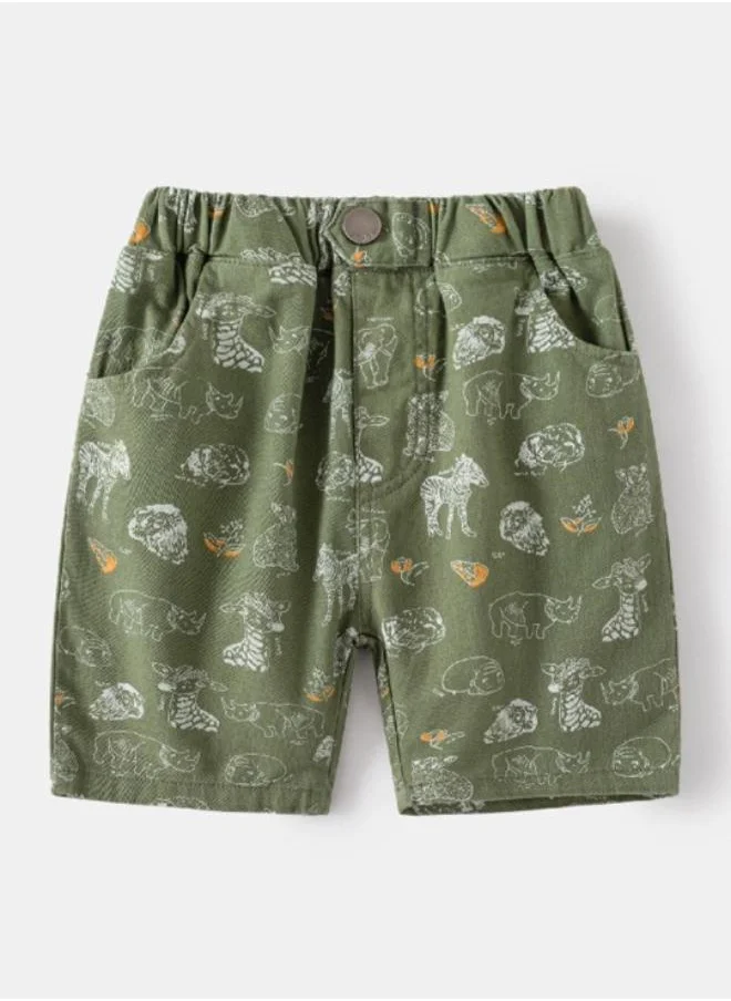 YUNIQEE Olive Regular Fit Mid Rise Printed Shorts