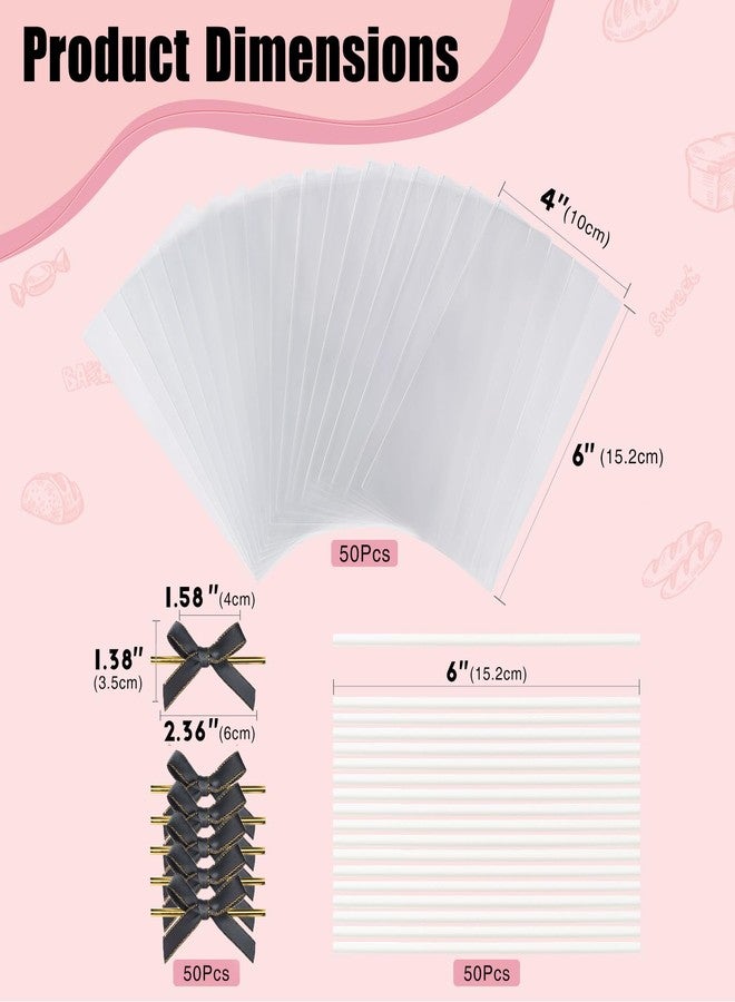 JCXGRVC 50pcs 4x6Inches Clear Rice Krispie Treat Bags with Sticks and Ties Bows Rice Kit Cakesicle Bags Individually Wrapped Packaging for Marshmallow Mcaron Pop Candy Apple Cookies Cake Ore Pop - Image 2