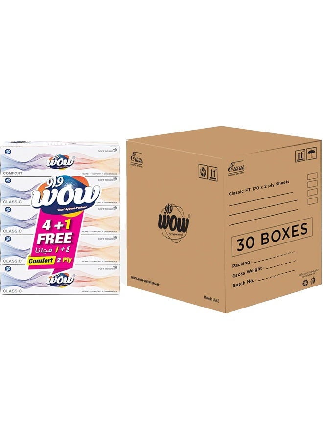 Wow Classic 170 x 2 ply Facial Tissue (4+1 Free)- 30 Boxes - Image 1