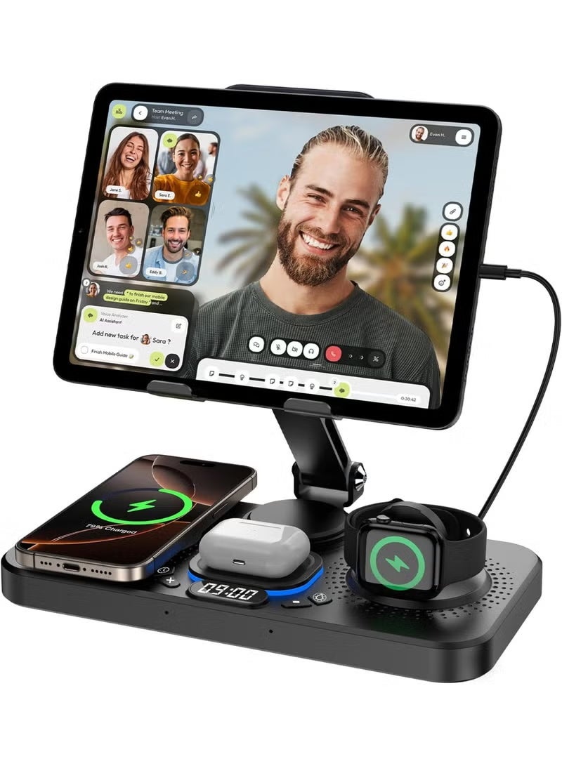 LBMT شاحن لاسلكي 6 في 1 لجهاز Apple، محطة شحن قابلة للطي لجهاز iPad مع شاشة ساعة وإضاءة محيطة بـ 7 ألوان، شاحن لاسلكي لسلسلة iWatch/iPhone 16/15/14/AirPods 4/3 (أسود) - Image 1