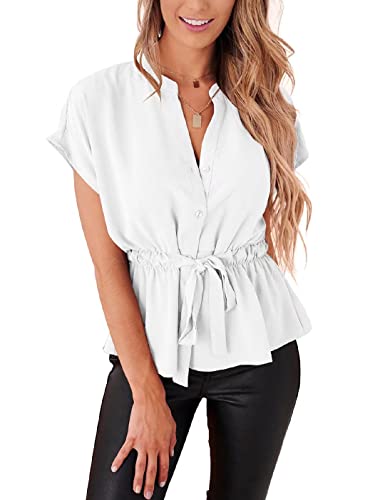 CiCiBird Womens Button Down Blouses Casual Peplum Summer Tops Dressy Chiffon Work Blouse White - Image 1