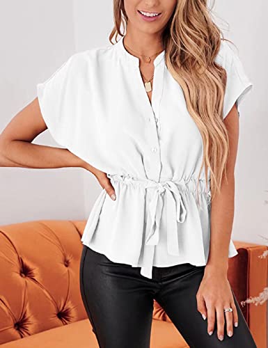 CiCiBird Womens Button Down Blouses Casual Peplum Summer Tops Dressy Chiffon Work Blouse White - Image 3