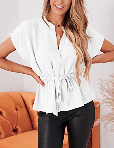 CiCiBird Womens Button Down Blouses Casual Peplum Summer Tops Dressy Chiffon Work Blouse White - Image 4