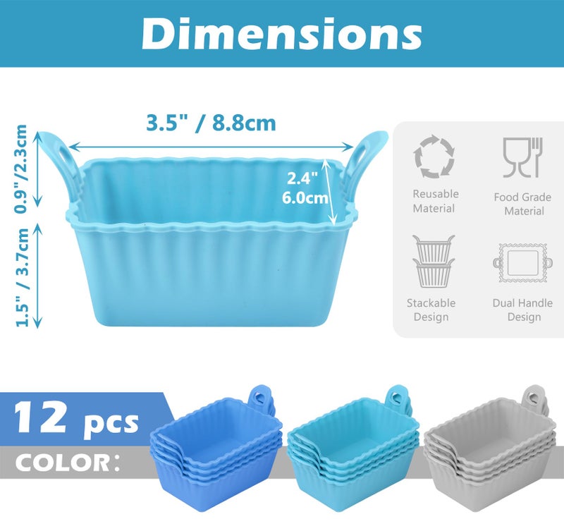 Koluti Nonstick Silicone Muffin Baking Cups Pack of 12, Reusable Cupcake Molds with Double Handle, BPA Free, Mini Rectangle Air Fryer Cupcakes Liner, 3 Colors - Image 2