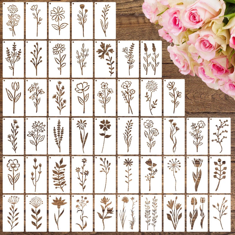 CH HAICHENG 50 PCS Flower Stencils for Crafts Reusable Flower Stencils for Painting on Wood Rocks Canvas Fabric Glass Pottery 3.5 x 2 Inch - Image 1