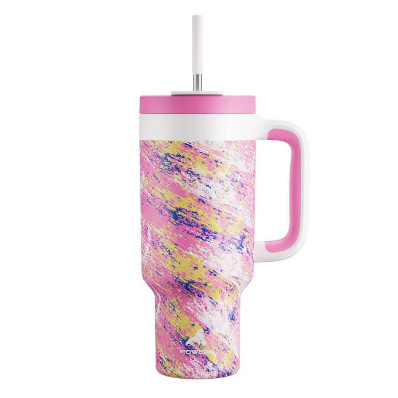 POWCAN 40 oz Tumbler with Handle 2in1 Straw and Sip Lid Leakproof Dishwasher Safe Insulated Stainless Steel Travel Coffee Mug Keeps Cold for 34 Hours Fits in Car Cup Holder Pink Ladies