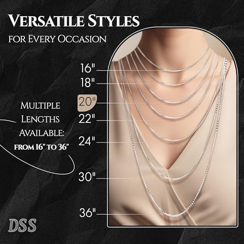 Designer Sterling Silver DSS 925 Sterling Silver Necklace for Women, Box Chain 1mm, Lobster Claw Clasps, Sterling Silver Chain, Italian Jewelry for Women, 20in - Image 2