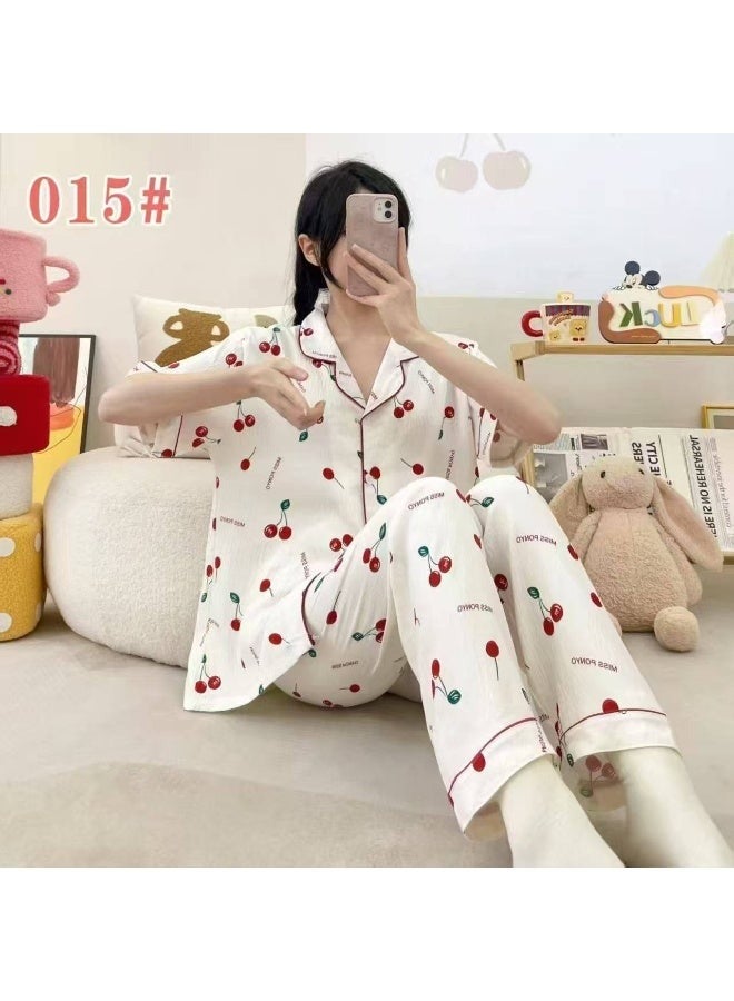 Korean Style Women's Cotton Pajama Set, Soft Cloud Cotton Sleepwear, Short Sleeve Button-Up Top & Long Pants, Free Size