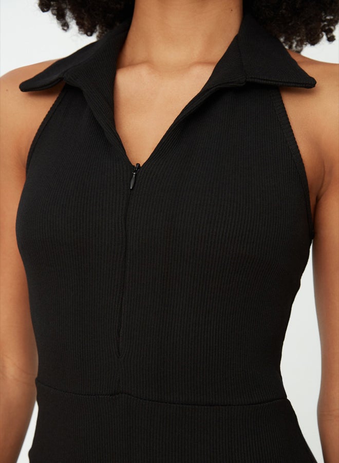 Black Fitted Polo Neck Mini Ribbed Stretchy Knitted Pencil Dress TWOSS22EL1981