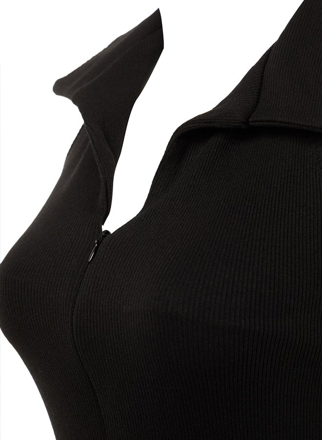 Black Fitted Polo Neck Mini Ribbed Stretchy Knitted Pencil Dress TWOSS22EL1981