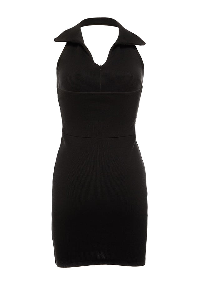 Black Fitted Polo Neck Mini Ribbed Stretchy Knitted Pencil Dress TWOSS22EL1981