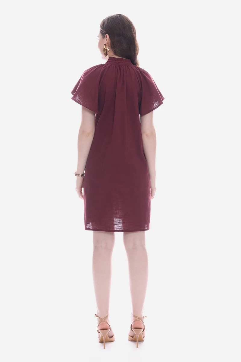 Virgio Maroon Solid Cotton Butterfly Sleeve Mini for Women for Women | Best Price UAE