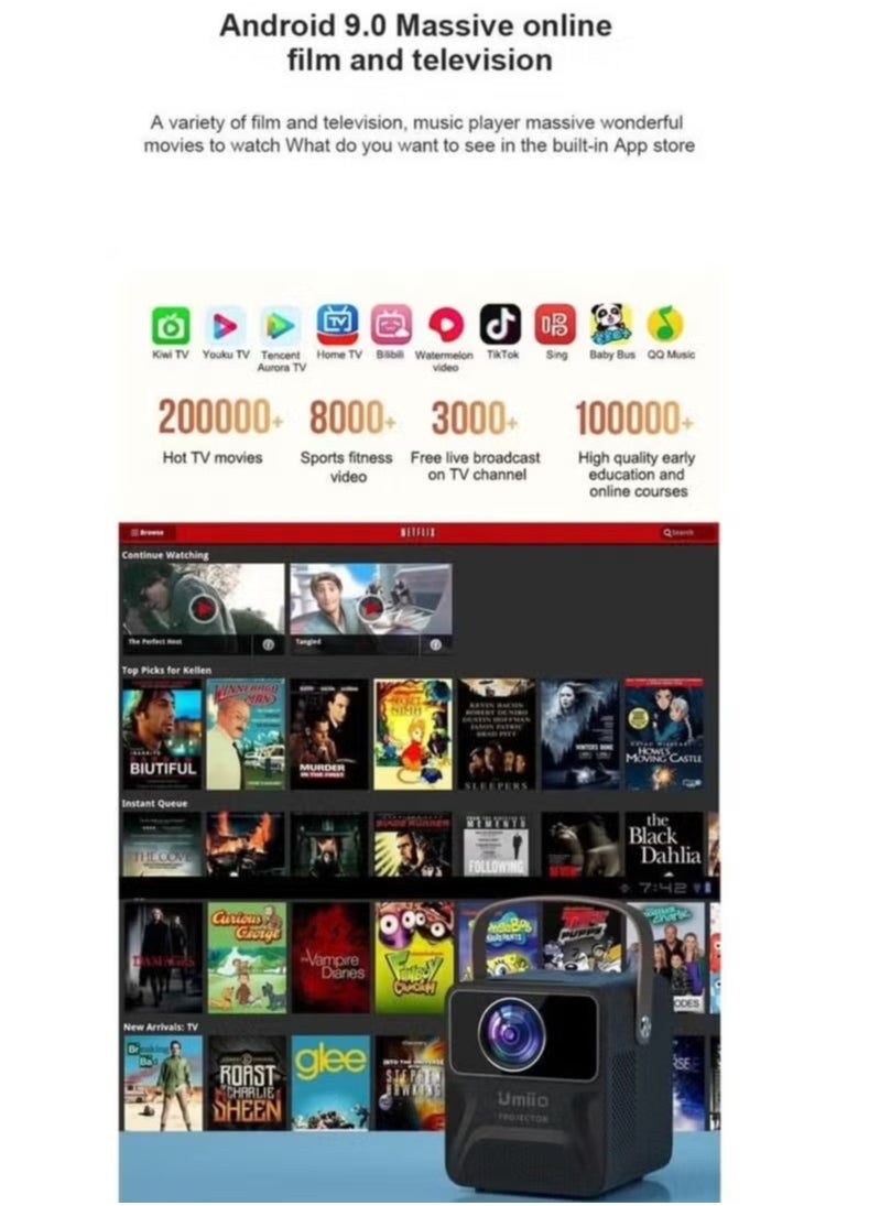 Umiio - Portable HD WiFi Theatre Android TV Projector System for FIFA Special – Indoor & Outdoor Use, 1080P HD Resolution, Wireless Connectivity, 50,000 Hours Lamp Life, Built-In Android TV, Supports Streaming & Gaming - Image 1