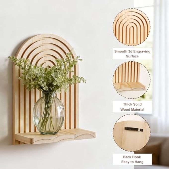 Artilady 2 Pack Boho Wood Wall Hanging Shelf Handmade Rainbow Arch Floating Shelves Trinket Storage Rack Modern Wall Decor for Bedroom Living Room Nursery Bathroom - Image 5