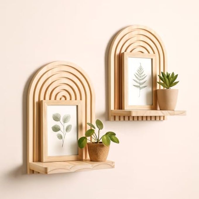 Artilady 2 Pack Boho Wood Wall Hanging Shelf Handmade Rainbow Arch Floating Shelves Trinket Storage Rack Modern Wall Decor for Bedroom Living Room Nursery Bathroom - Image 4