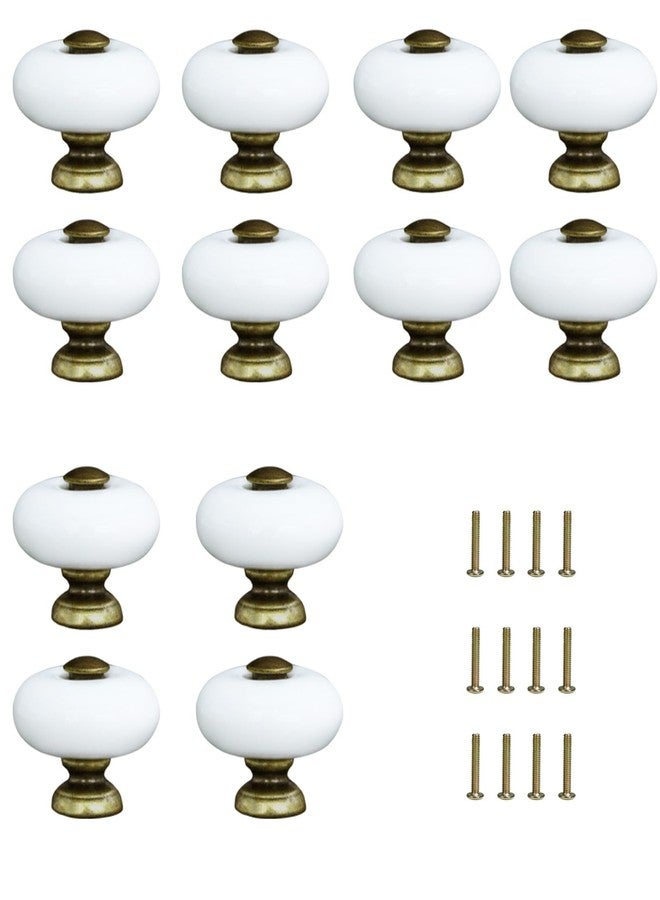 AUXBC 12Pcs Ceramic Round Knobs, Antique Brass and Ceramic Cabinet Knobs, White Furniture Knobs, Single Hole Drawer Handle Pulls for Drawer Closet Dresser Cupboard Wardrobe Door Kitchen with Screws - Image 1