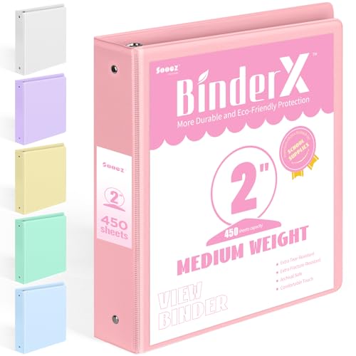 Sooez BinderX Extra Durable 3 Ring Binder, Round Ring 2 Inch Binders, Fits 450 Sheets of 8.5x11 Paper, Customizable View Cover with Inside Pockets, Cute 2" Binder, School Supplies for Girls, Pink - Image 1