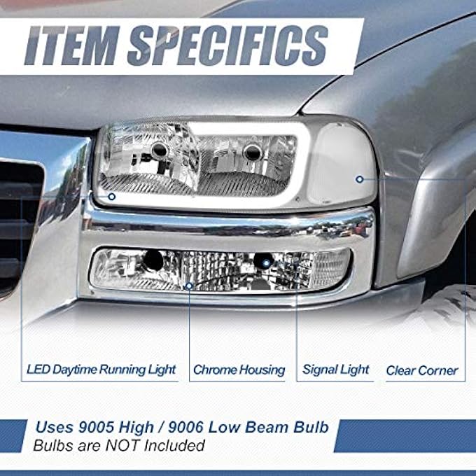 Auto Dynasty 4Pcs Led Drl Headlights Assembly And Bumper Lamps Compatible With Gmc Sierra Yukon Xl Gmt800 9907 Driver And Passenger Side Chrome Housing Clear Corner - Image 3