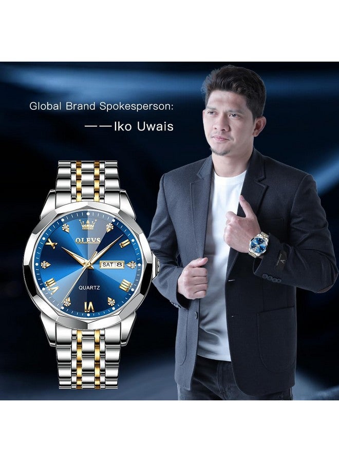 أوليفز ساعة  للرجال أنالوج كوارتز رسمية مرصعة بالألماس ساعات عمل ثنائية اللون من الفولاذ المقاوم للصدأ مقاومة للماء مضيئة بمؤشر تاريخ ساعة يد فاخرة باللونين الذهبي والأزرق - Image 2