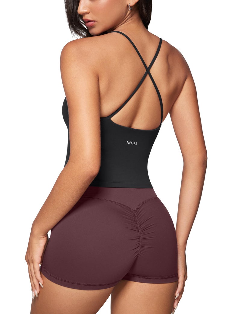INGIA Womens Low Scoop Neck Tank Tops Built in Bra U Back Workout Tanks Spaghetti Criss Cross Strap Sleeveless Cropped Top Black X-Small - Image 1