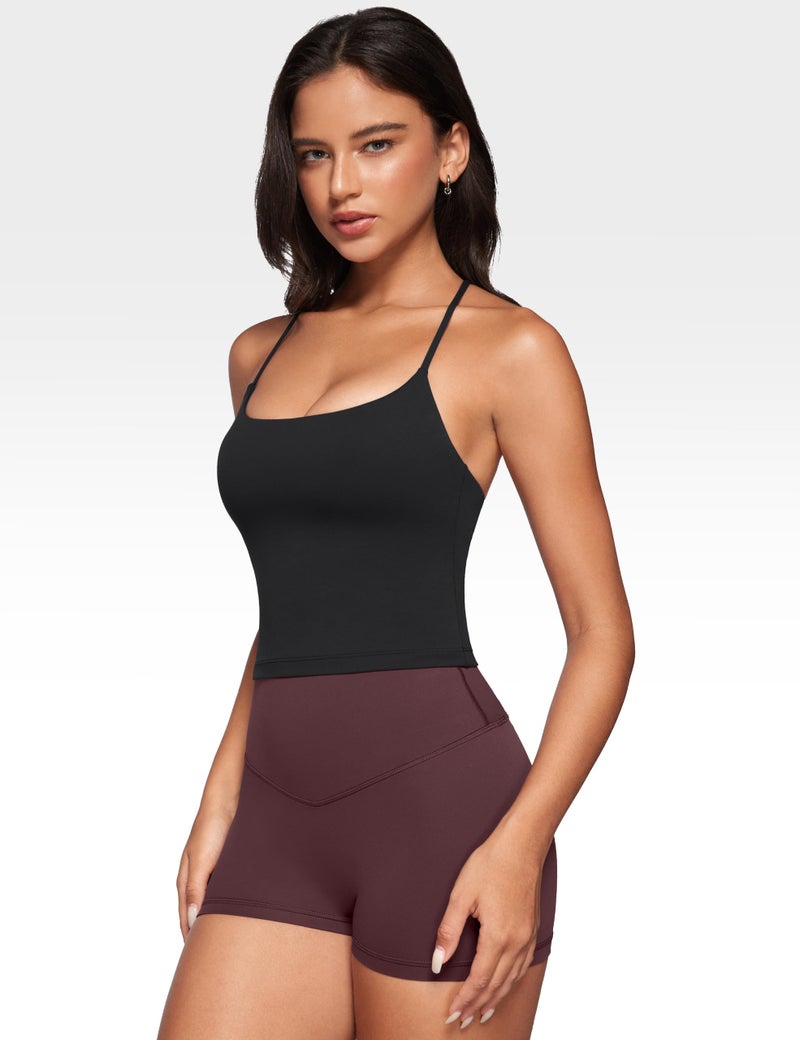 INGIA Womens Low Scoop Neck Tank Tops Built in Bra U Back Workout Tanks Spaghetti Criss Cross Strap Sleeveless Cropped Top Black X-Small - Image 2