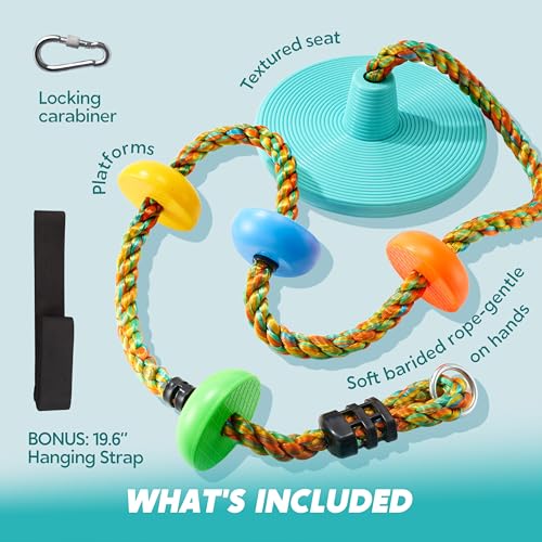 TURFEE Tree Swing for Kids Blue Climbing Rope Tree with Platforms and Disc Seat Single Disc Seat and Climbing Rope Set wCarabiner 4 Ft Strap Treehouse and Outdoor Playground Blue - Image 5