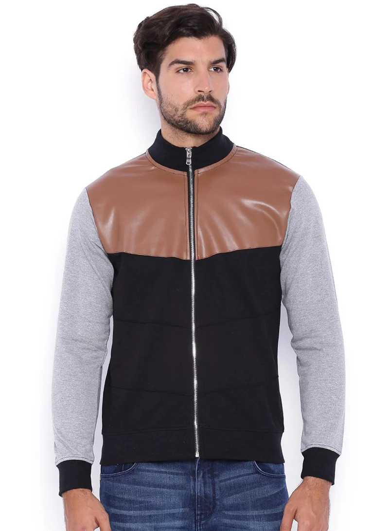 كامبوس سوترا جاكيت رجالي بسحاب أمامي محبوك بكتل لون بني وأسود سبجي