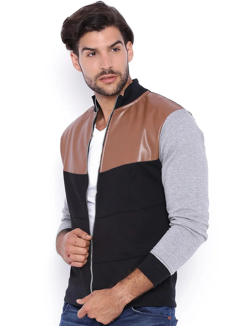 كامبوس سوترا جاكيت رجالي بسحاب أمامي محبوك بكتل لون بني وأسود سبجي